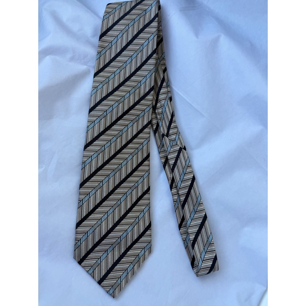 Kolte Italy Silk Tie Men Tan Blue Black Diagonal Stripe Geometric Handmade Italy